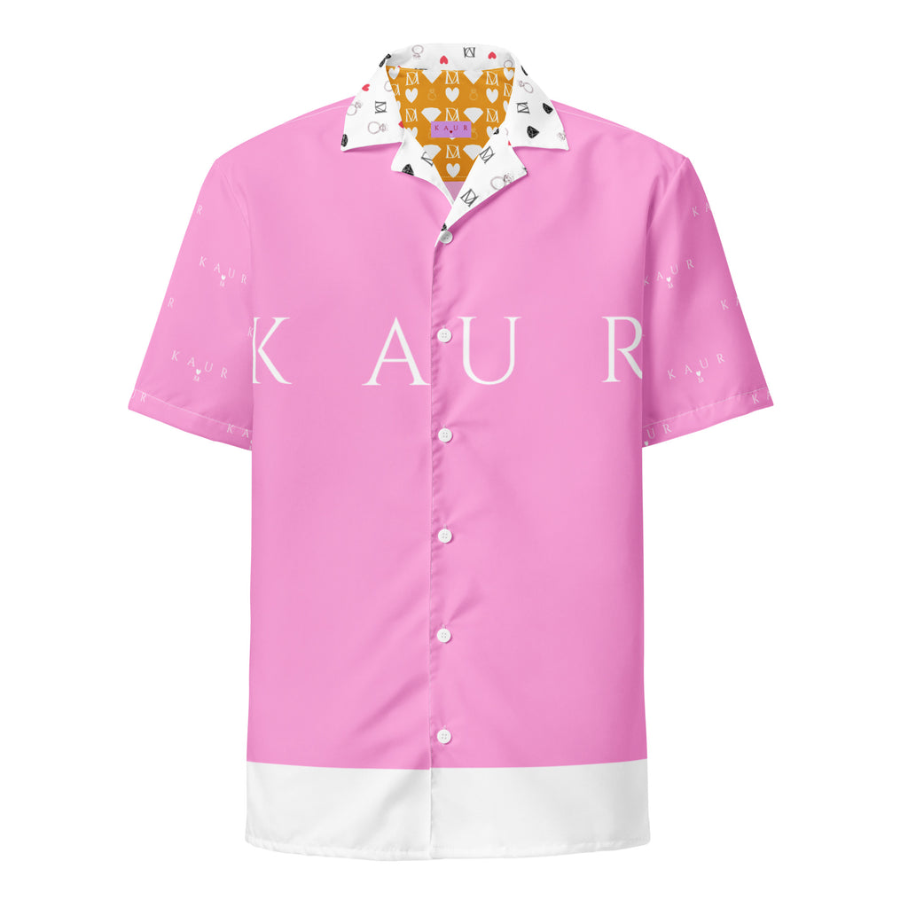 Unisex white button-up shirt with all-over cotton candy love (Tainu Yaad) print from Daemon Luxury, featuring colorful, playful design.