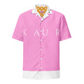 Unisex white button-up shirt with all-over cotton candy love (Tainu Yaad) print from Daemon Luxury, featuring colorful, playful design.