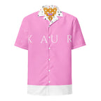 Unisex white button-up shirt with all-over cotton candy love (Tainu Yaad) print from Daemon Luxury, featuring colorful, playful design.