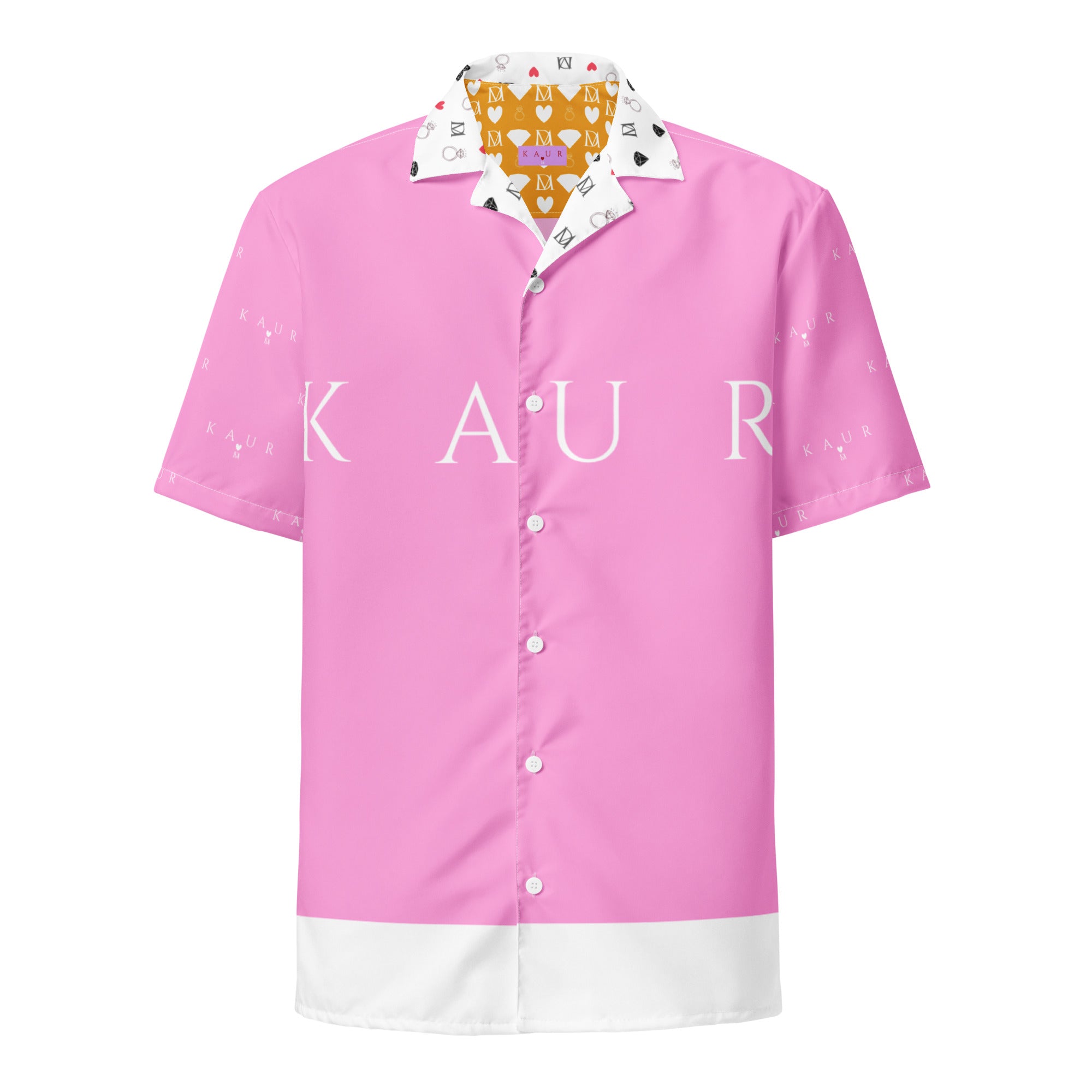 Unisex white button-up shirt with all-over cotton candy love (Tainu Yaad) print from Daemon Luxury, featuring colorful, playful design.