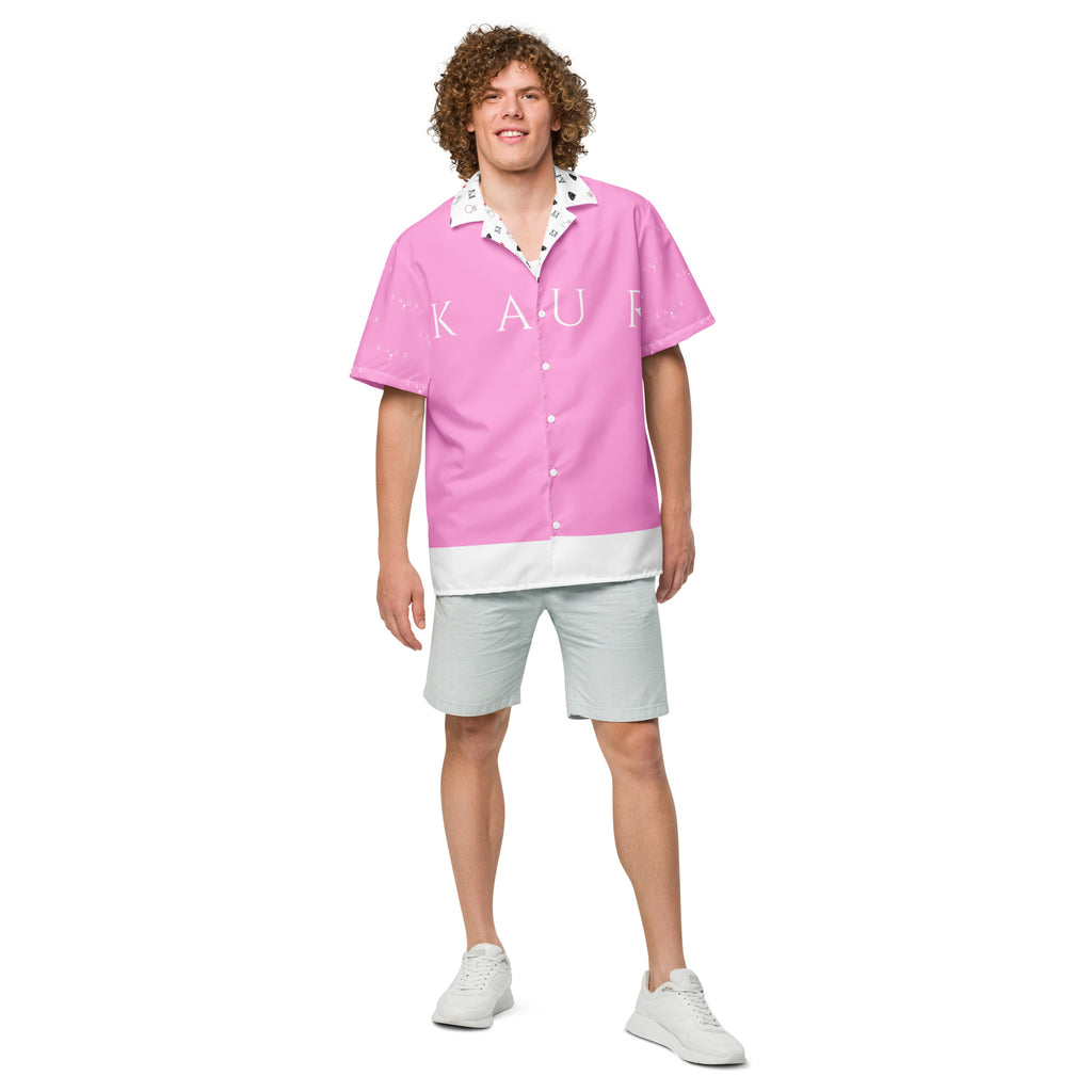 All-over-print white cotton candy love Tainu Yaad unisex button shirt by Daemon Luxury, front view showing vibrant design.