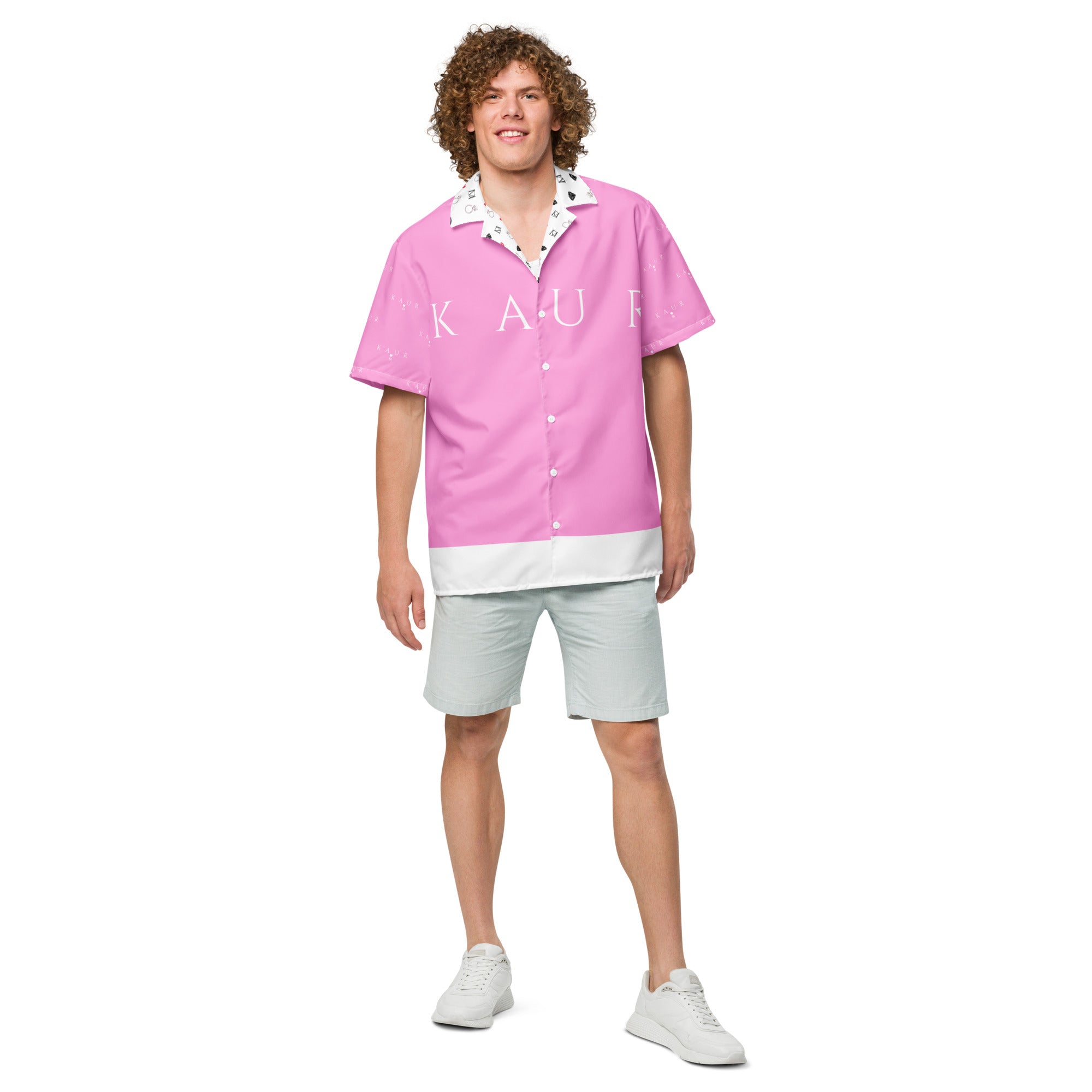 All-over-print white cotton candy love Tainu Yaad unisex button shirt by Daemon Luxury, front view showing vibrant design.