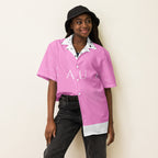 Unisex white button-up shirt featuring all-over cotton candy love (Tainu Yaad) print by Daemon Luxury, front view.