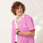 Unisex white cotton candy love button-up shirt with all-over print from Daemon Luxury, featuring colorful, whimsical design.