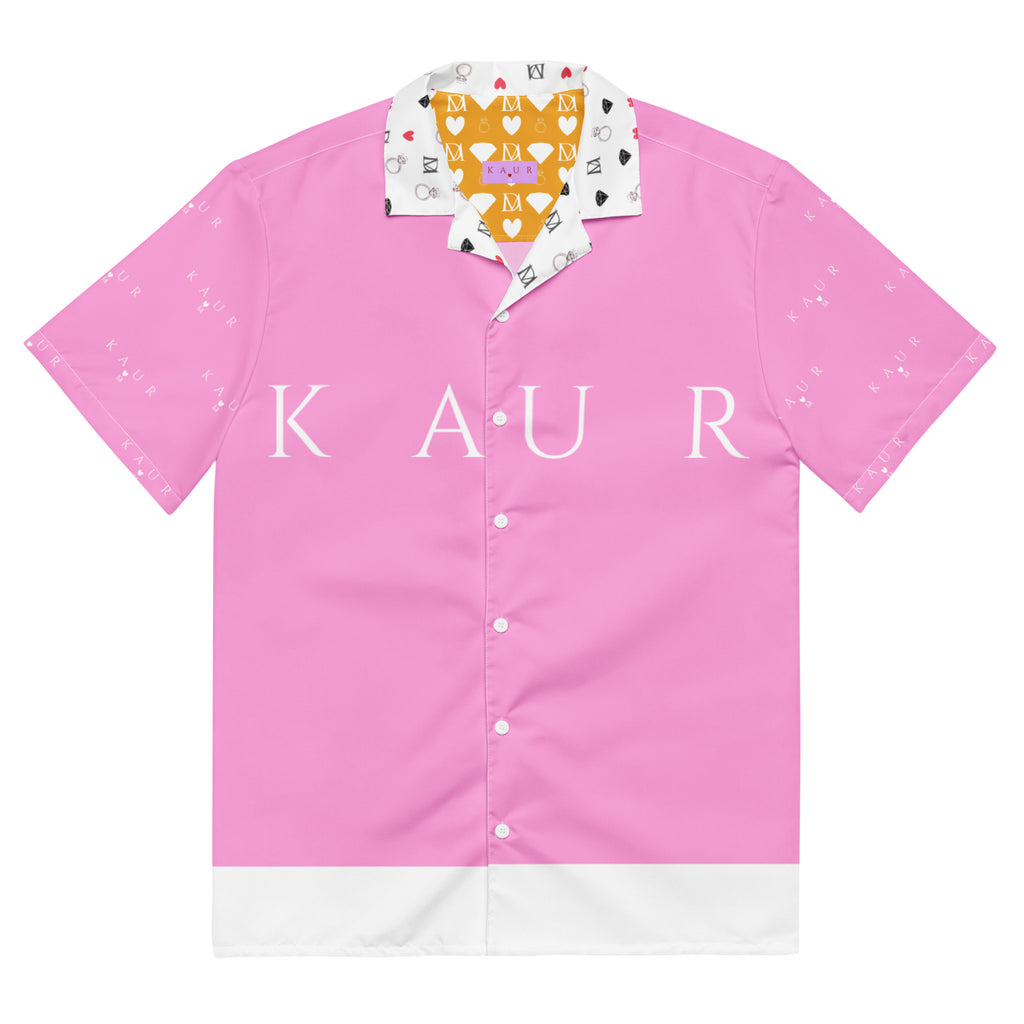 Unisex white button-up shirt with all-over cotton candy love (Tainu Yaad) print by Daemon Luxury, front view.