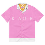Unisex white button-up shirt with all-over cotton candy love (Tainu Yaad) print by Daemon Luxury, front view.