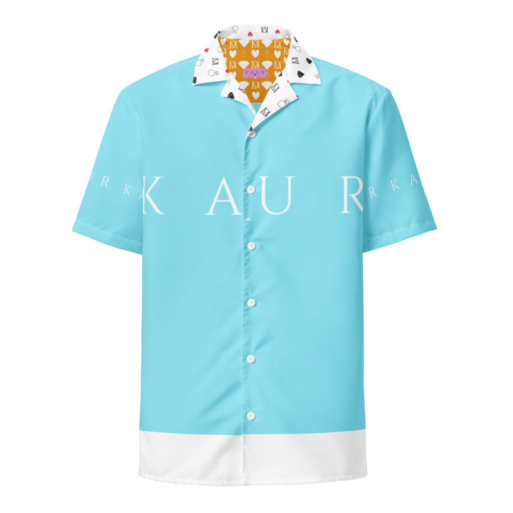 Unisex Bubblegum Skies Tainu Yaad Camicia button-up shirt with all-over colorful print on white fabric, front view.