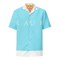 Unisex Bubblegum Skies Tainu Yaad Camicia button-up shirt with all-over colorful print on white fabric, front view.