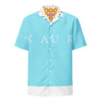 Unisex Bubblegum Skies Tainu Yaad Camicia button-up shirt with all-over colorful print on white fabric, front view.