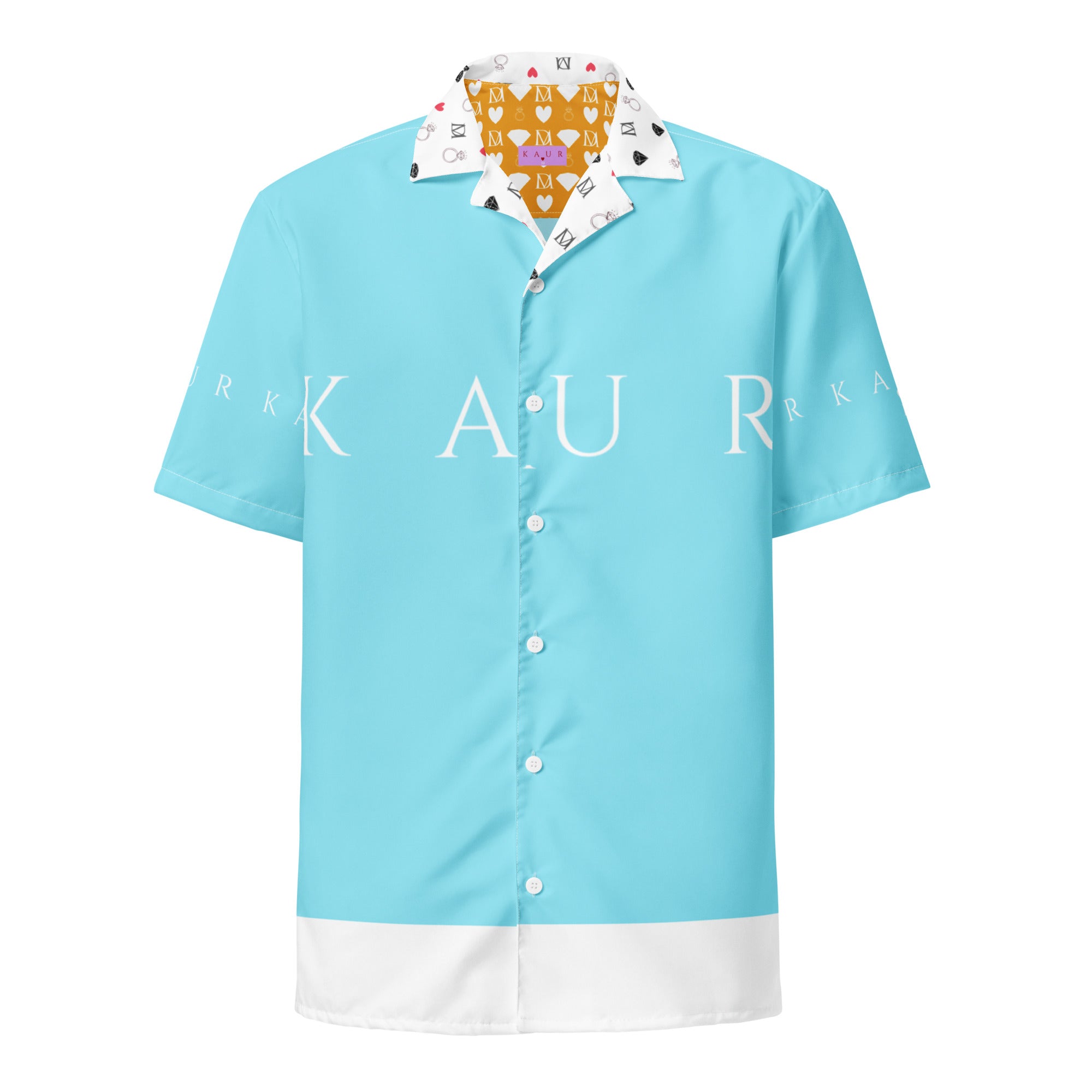 Unisex Bubblegum Skies Tainu Yaad Camicia button-up shirt with all-over colorful print on white fabric, front view.