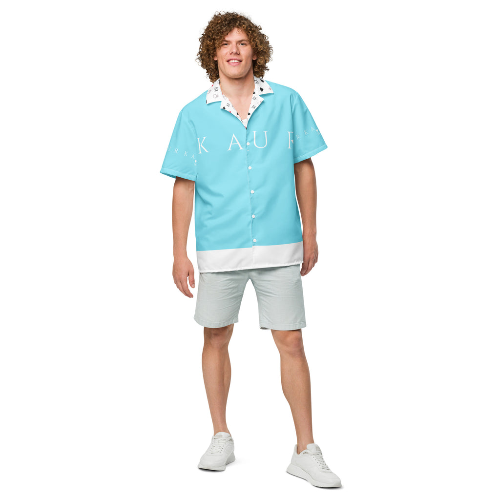 Unisex Bubblegum Skies Camicia by Daemon Luxury with all-over pastel cloud print and button-front design on white fabric.