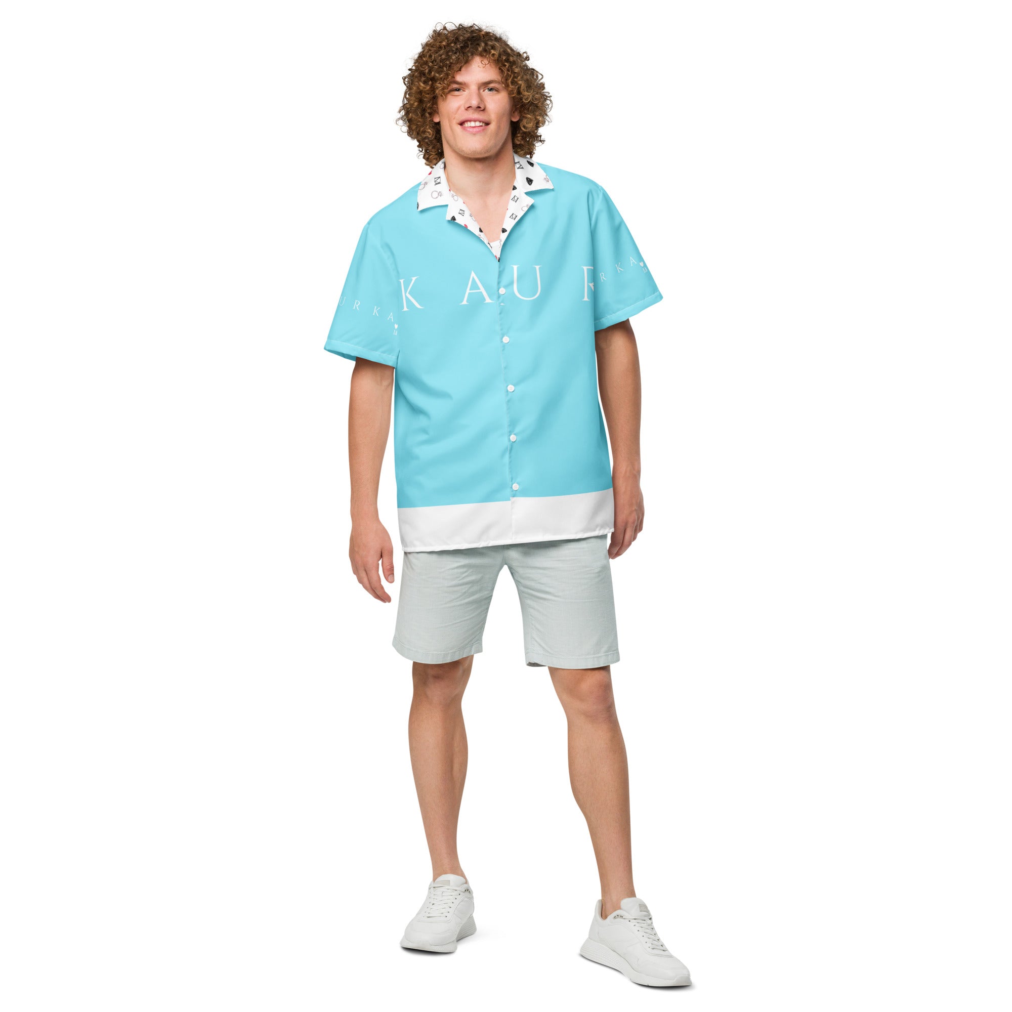 Unisex Bubblegum Skies Camicia by Daemon Luxury with all-over pastel cloud print and button-front design on white fabric.