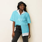 Unisex Bubblegum Skies Camicia shirt by Daemon Luxury with all-over print, white front view, casual button-up design