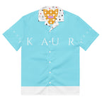 Unisex Bubblegum Skies Daemon Luxury button-up shirt with all-over colorful sky print on white fabric front view