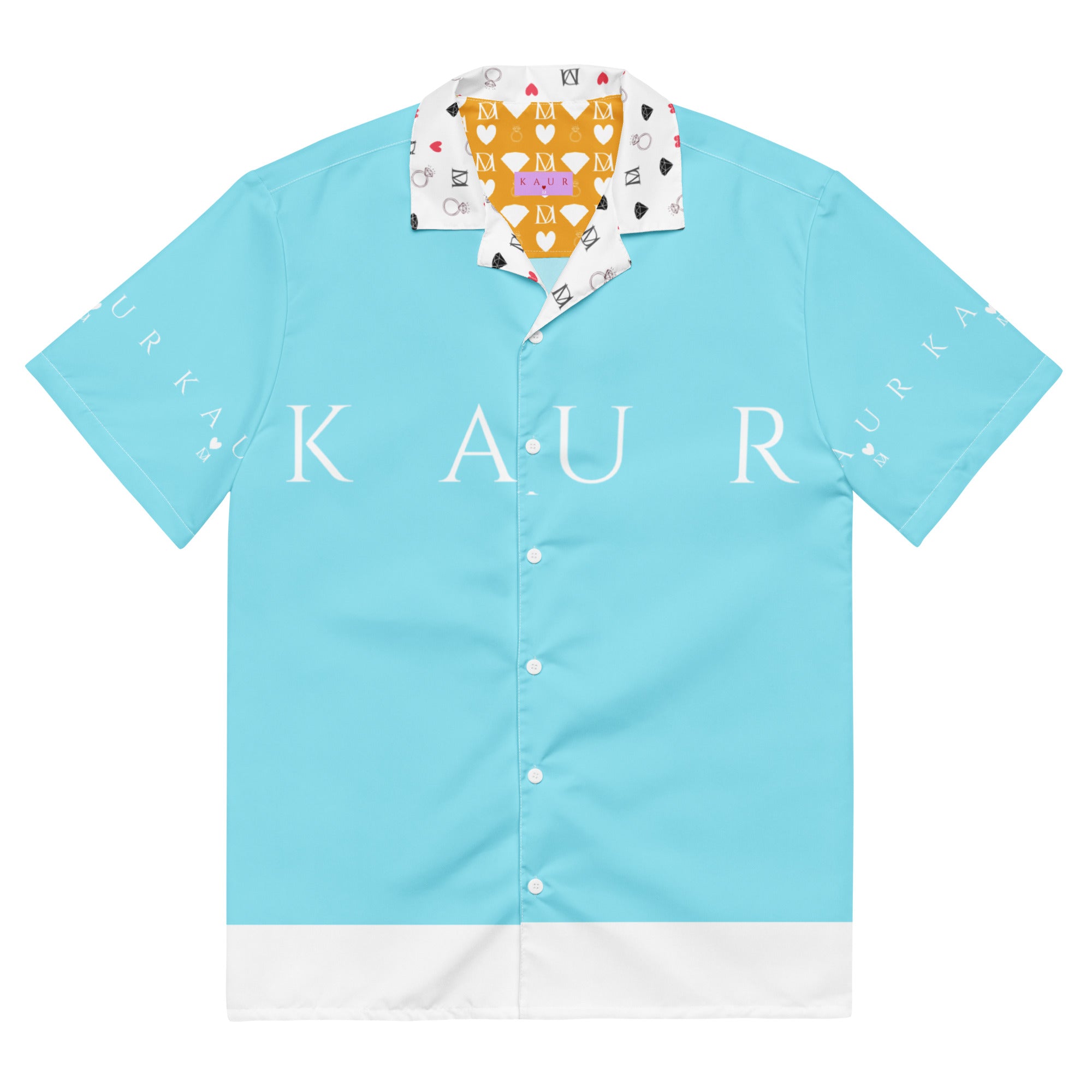 Unisex Bubblegum Skies Daemon Luxury button-up shirt with all-over colorful sky print on white fabric front view