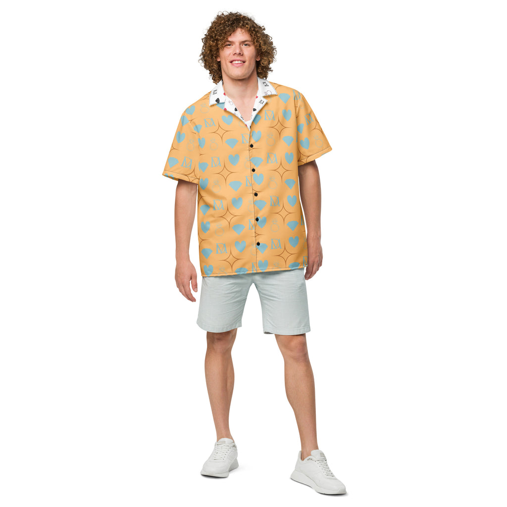 Unisex button-up shirt featuring a honeyberry lights all-over print in white, by Daemon Luxury.