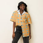 Daemon Luxury Honeyberry Lights Tarmin Pale unisex button-up shirt with all-over white print, front view.