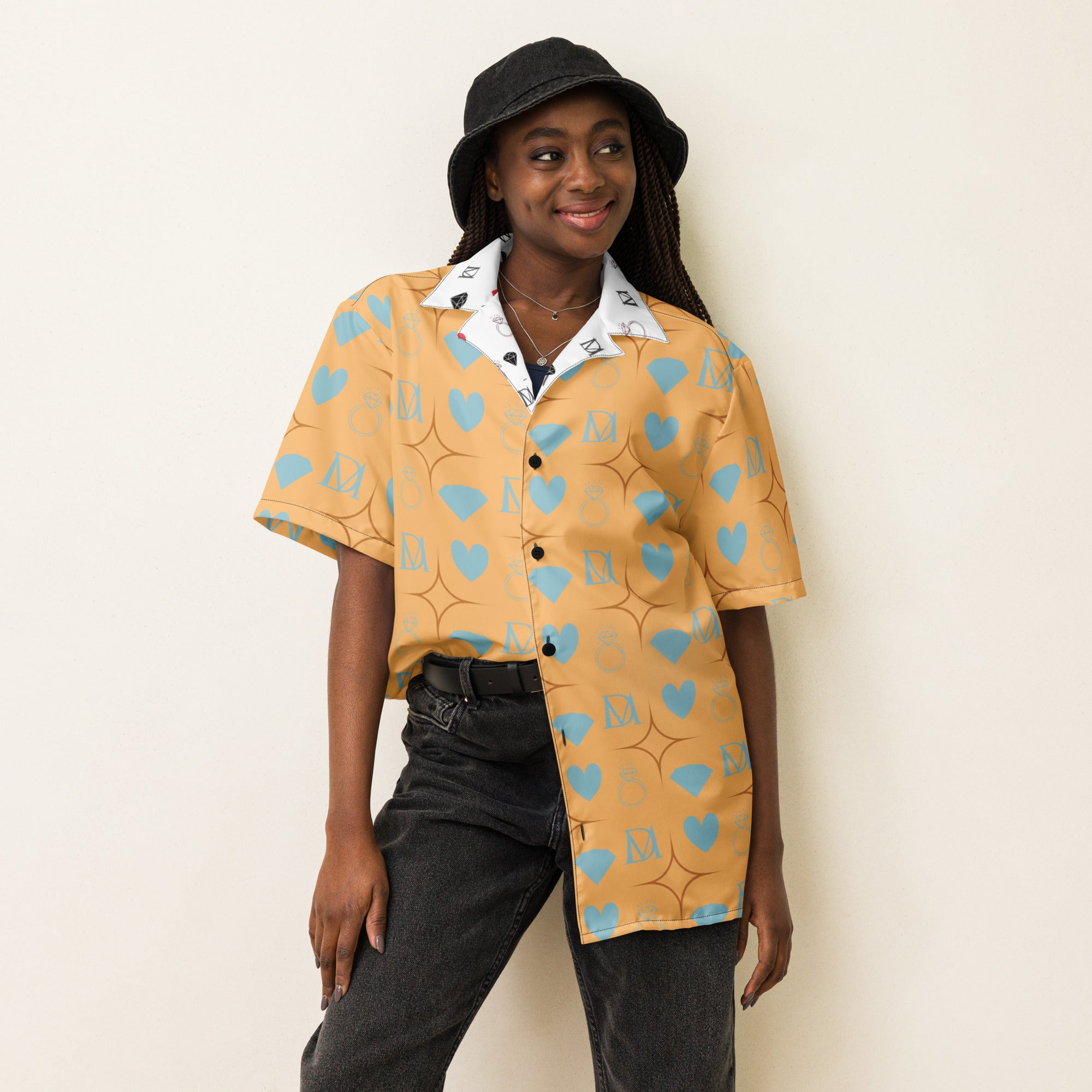Daemon Luxury Honeyberry Lights Tarmin Pale unisex button-up shirt with all-over white print, front view.