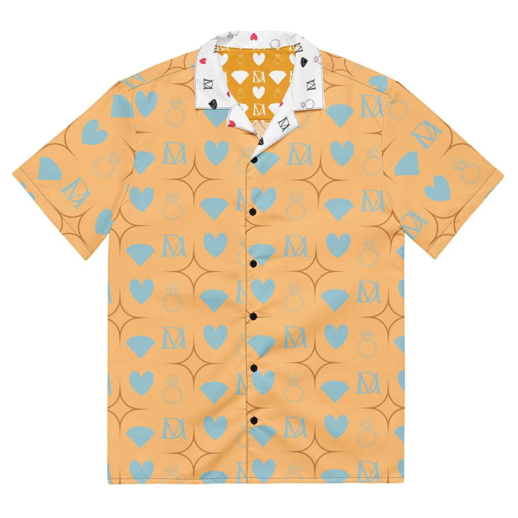Daemon Luxury Honeyberry Lights Tarmin Pale unisex button-up shirt with all-over honeyberry print on white fabric front view