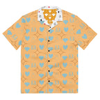 Daemon Luxury Honeyberry Lights Tarmin Pale unisex button-up shirt with all-over honeyberry print on white fabric front view