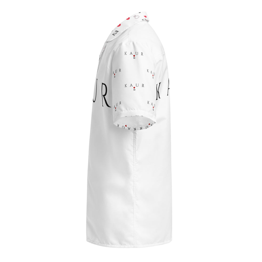 All-over print white unisex button shirt by Daemon Luxury, featuring a stylish and modern design on soft fabric.