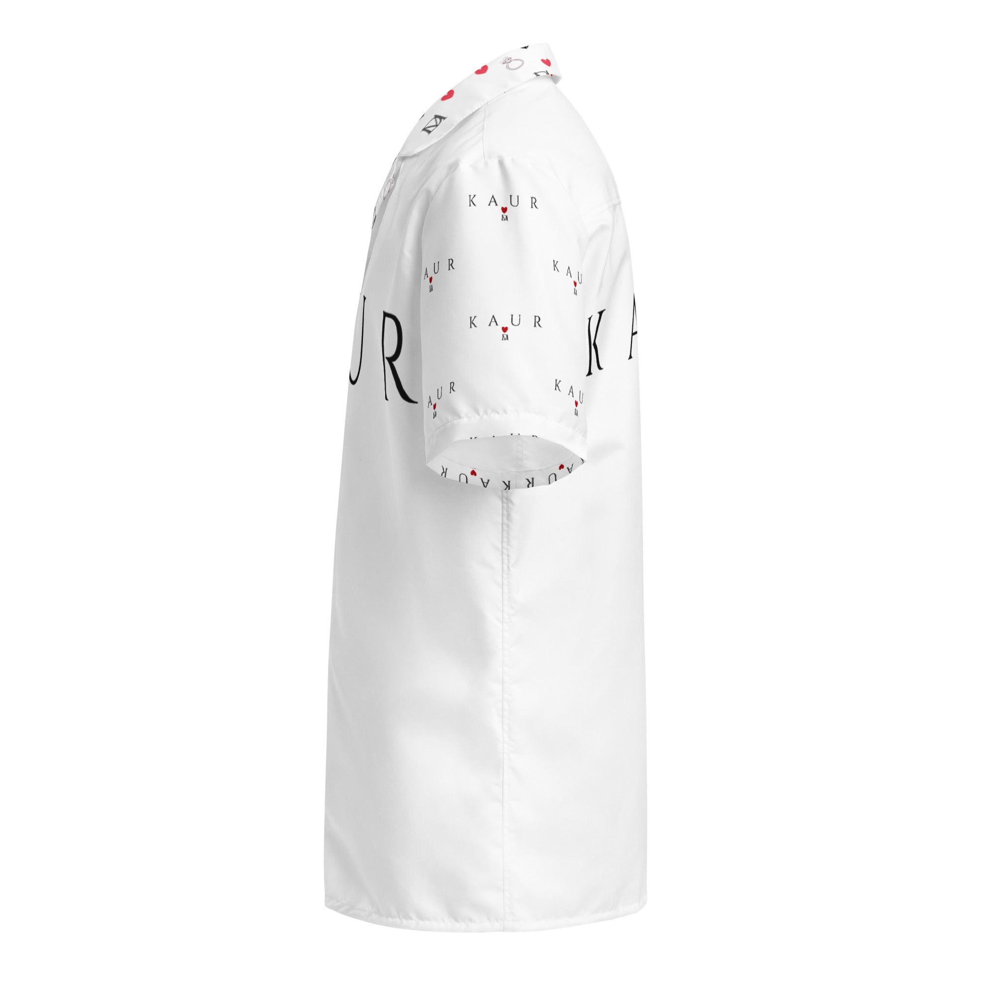 All-over print white unisex button shirt by Daemon Luxury, featuring a stylish and modern design on soft fabric.