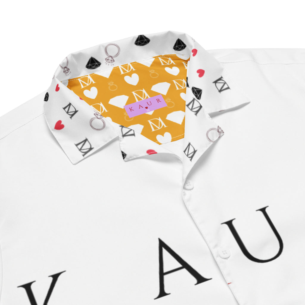 All-over print white unisex button shirt by Daemon Luxury, showcasing a stylish, casual design with front buttons.
