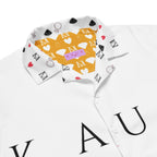 All-over print white unisex button shirt by Daemon Luxury, showcasing a stylish, casual design with front buttons.