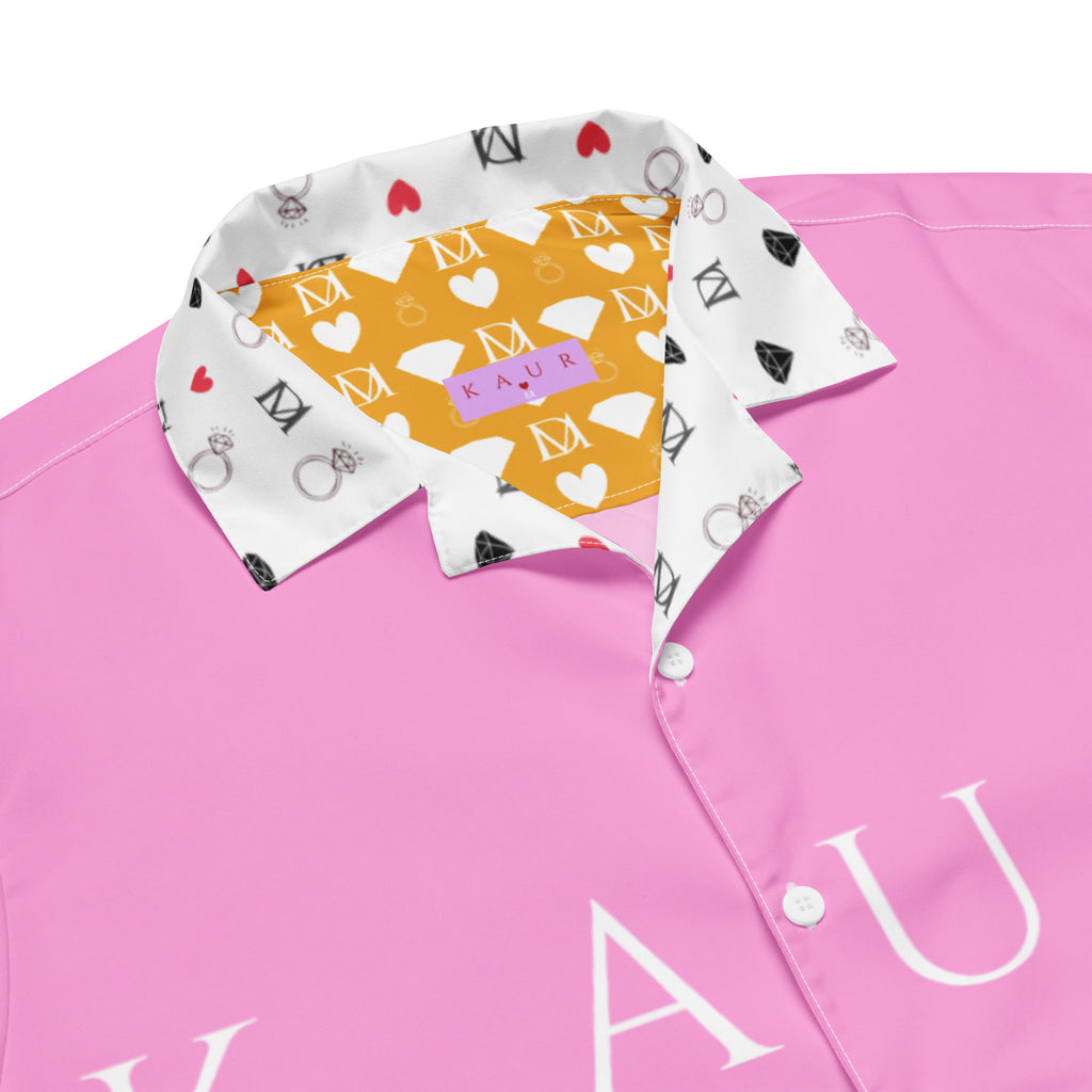 Unisex white cotton candy love button-up shirt with all-over print from Daemon Luxury, featuring colorful, playful design details.
