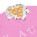 Unisex white cotton candy love button-up shirt with all-over print from Daemon Luxury, featuring colorful, playful design details.