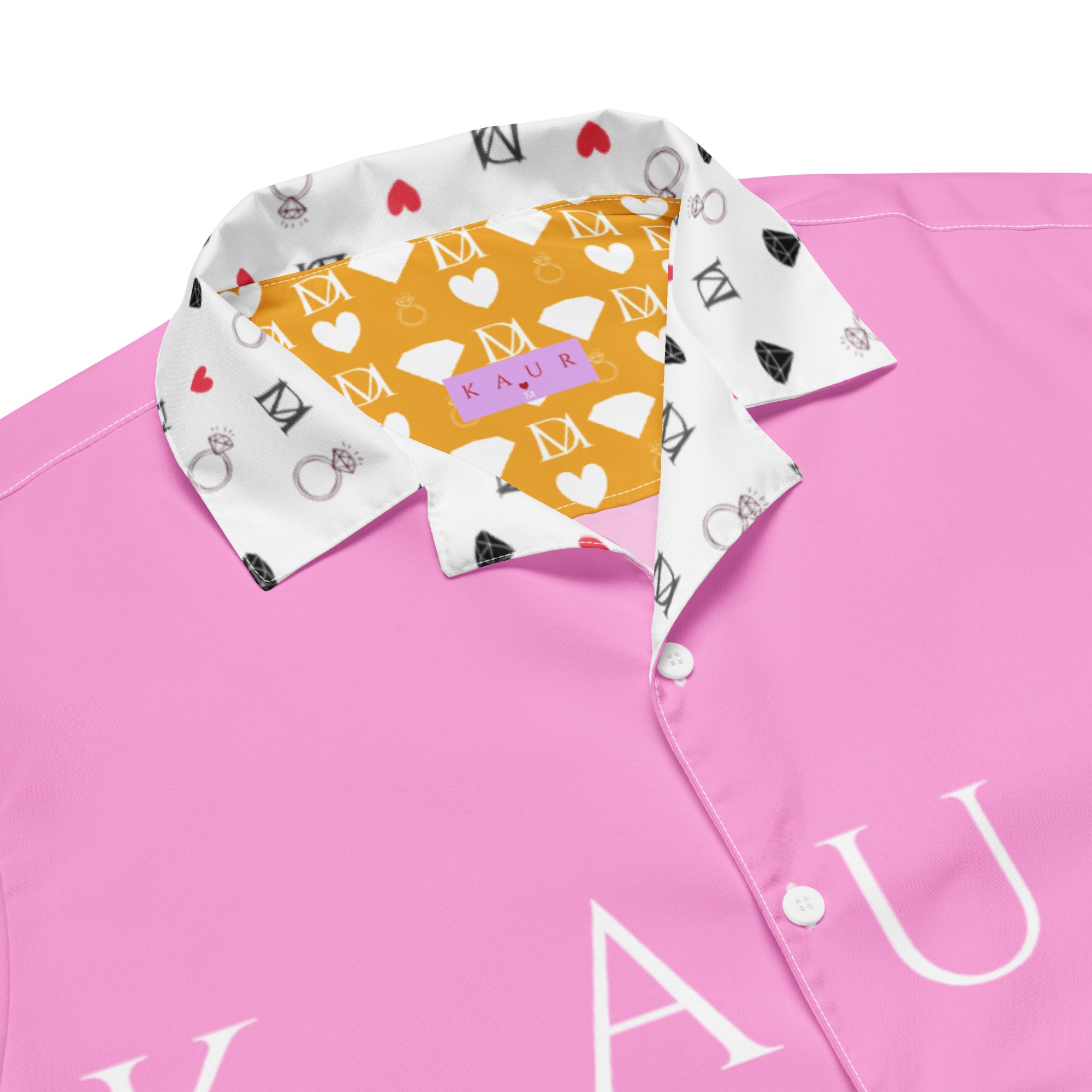 Unisex white cotton candy love button-up shirt with all-over print from Daemon Luxury, featuring colorful, playful design details.
