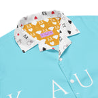 Unisex Bubblegum Skies Camicia by Daemon Luxury with all-over pink and blue sky print on white button-up shirt.