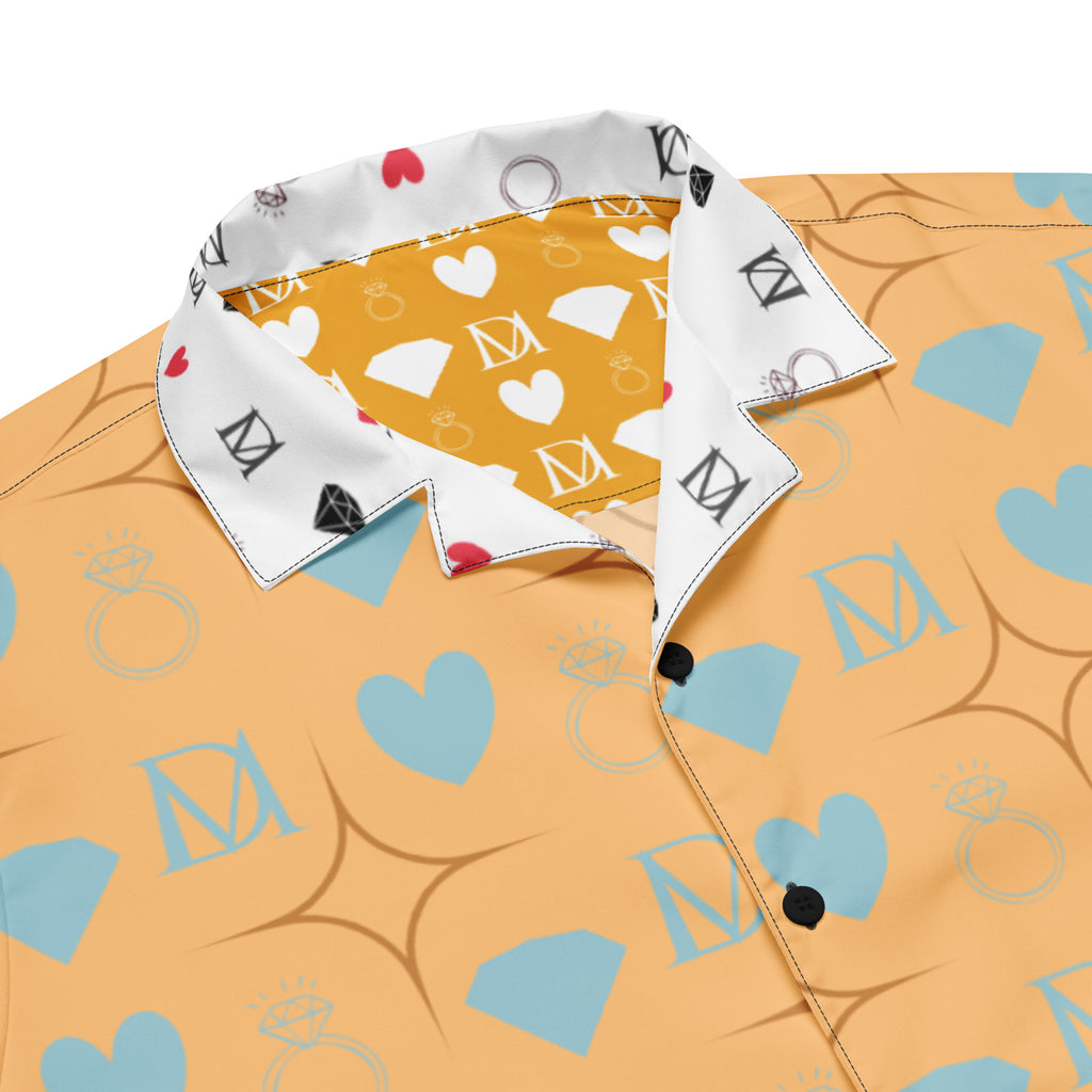 Unisex white button-up shirt with all-over Honeyberry Lights (Tarmin Pale) print by Daemon Luxury, casual streetwear style.