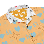 Unisex white button-up shirt with all-over Honeyberry Lights (Tarmin Pale) print by Daemon Luxury, casual streetwear style.
