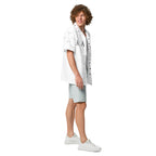 All-over print white unisex button shirt by Daemon Luxury, featuring a stylish and modern design.
