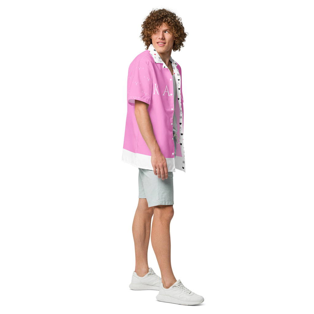 Unisex white cotton candy love button-up shirt with colorful all-over print by Daemon Luxury, casual and stylish apparel.