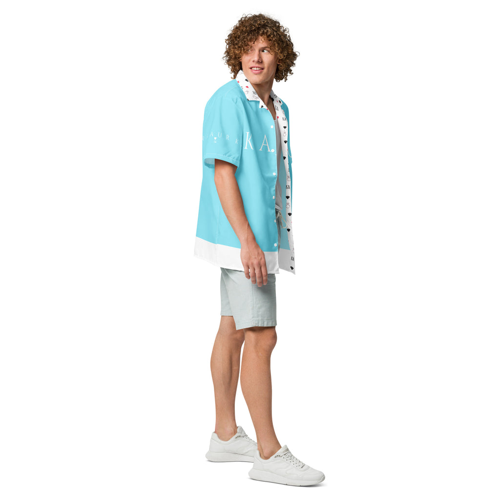Unisex Bubblegum Skies Tainu Yaad button-up shirt by Daemon Luxury with all-over bubblegum sky print on white fabric.