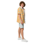 Unisex white button-up shirt by Daemon Luxury with Honeyberry Lights Tarmin Pale all-over print, casual fashion style.