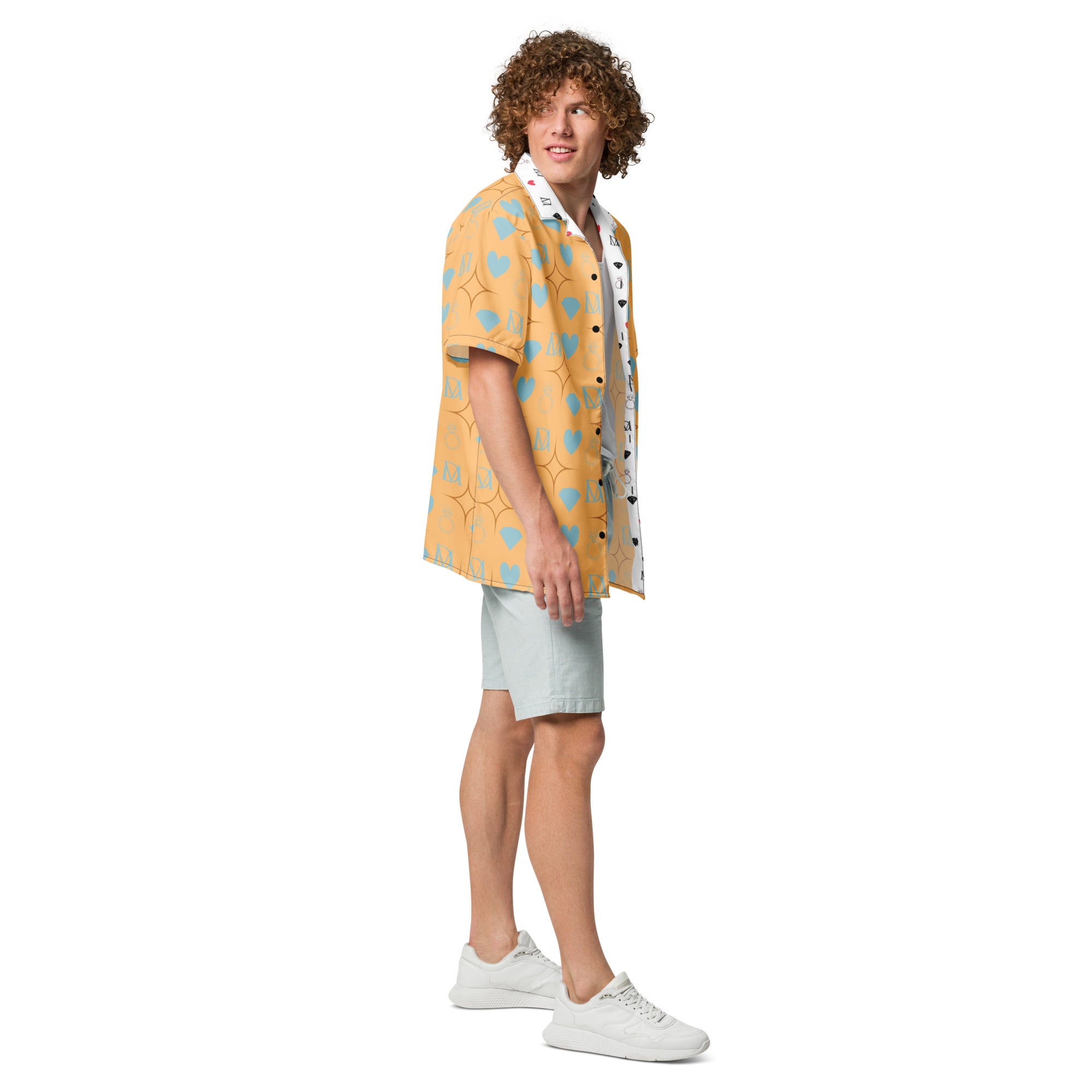 Unisex white button-up shirt by Daemon Luxury with Honeyberry Lights Tarmin Pale all-over print, casual fashion style.