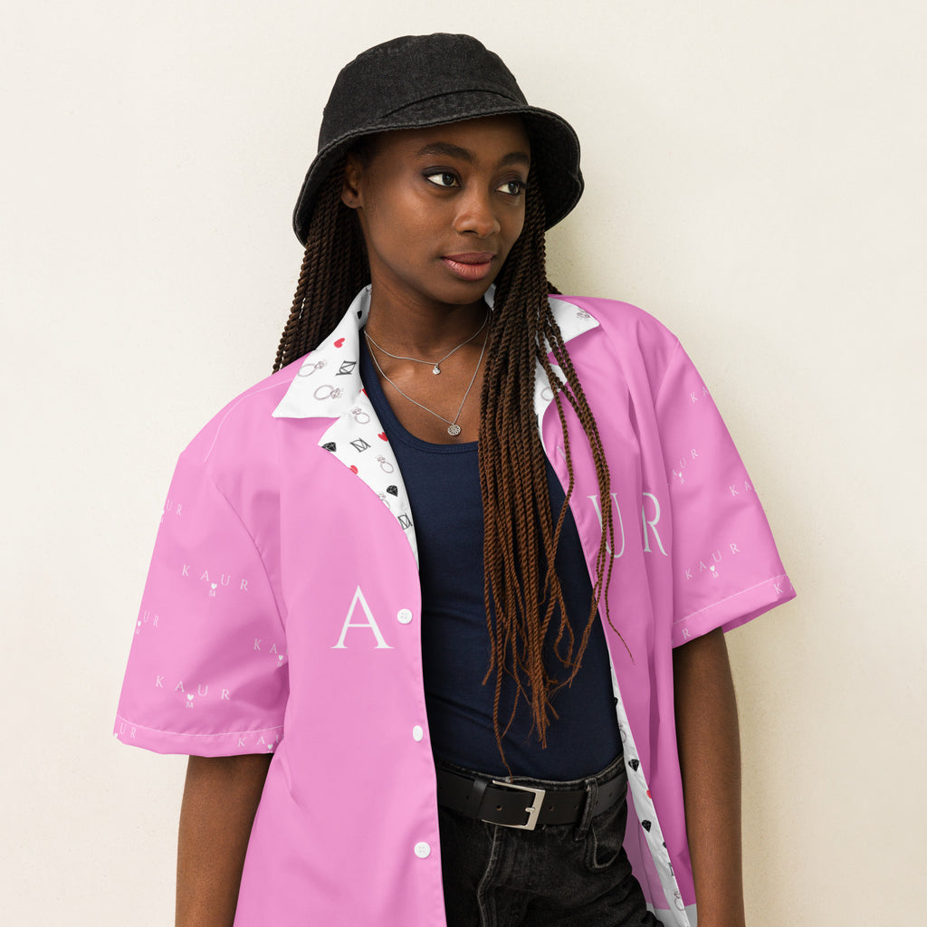 White unisex button-up shirt with all-over cotton candy love print, from Daemon Luxury's Tainu Yaad collection, right front view.