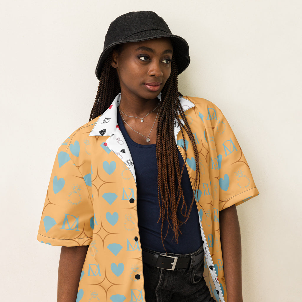 Daemon Luxury Honeyberry Lights Tarmin Pale unisex button-up shirt with all-over honeyberry print on white fabric, front view.