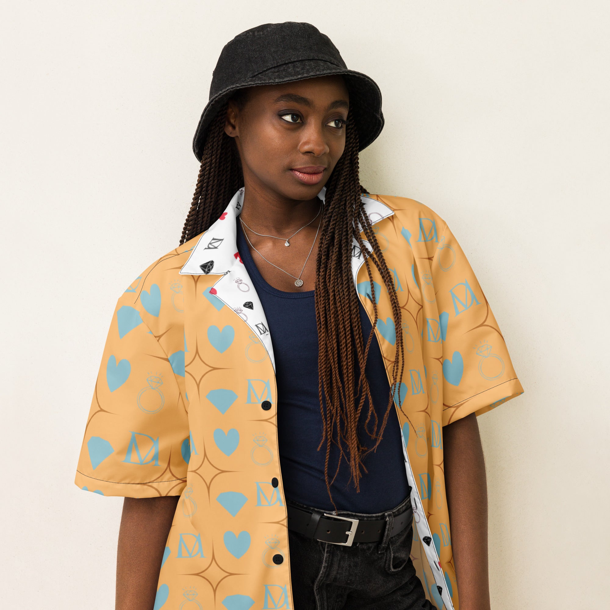 Daemon Luxury Honeyberry Lights Tarmin Pale unisex button-up shirt with all-over honeyberry print on white fabric, front view.