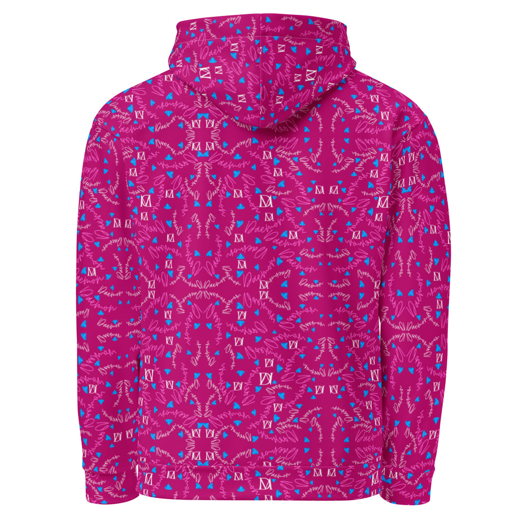 Unisex white cotton hoodie featuring all-over Picasso Mirrors Little Magenta print by Daemon Luxury, with a hood and casual fit.