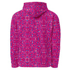 Unisex white cotton hoodie featuring all-over Picasso Mirrors Little Magenta print by Daemon Luxury, with a hood and casual fit.