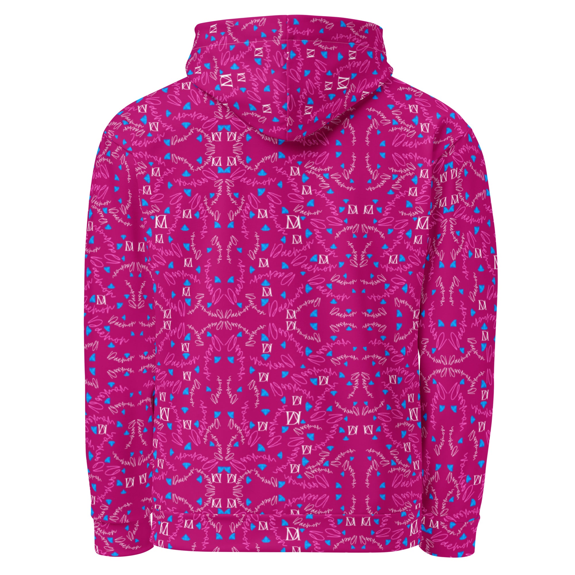 Unisex white cotton hoodie featuring all-over Picasso Mirrors Little Magenta print by Daemon Luxury, with a hood and casual fit.