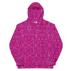 Unisex white cotton hoodie with Picasso Mirrors Little Magenta all-over print featuring a hood and front pocket by Daemon Luxury.