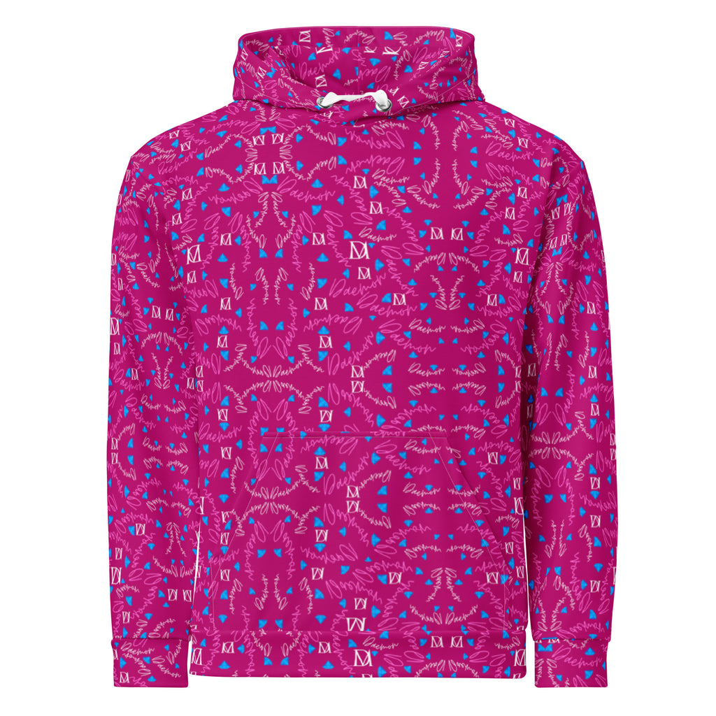 Unisex cotton hoodie with all-over Picasso Mirrors Little Magenta print by Daemon Luxury, featuring a white front design.