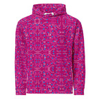 Unisex cotton hoodie with all-over Picasso Mirrors Little Magenta print by Daemon Luxury, featuring a white front design.