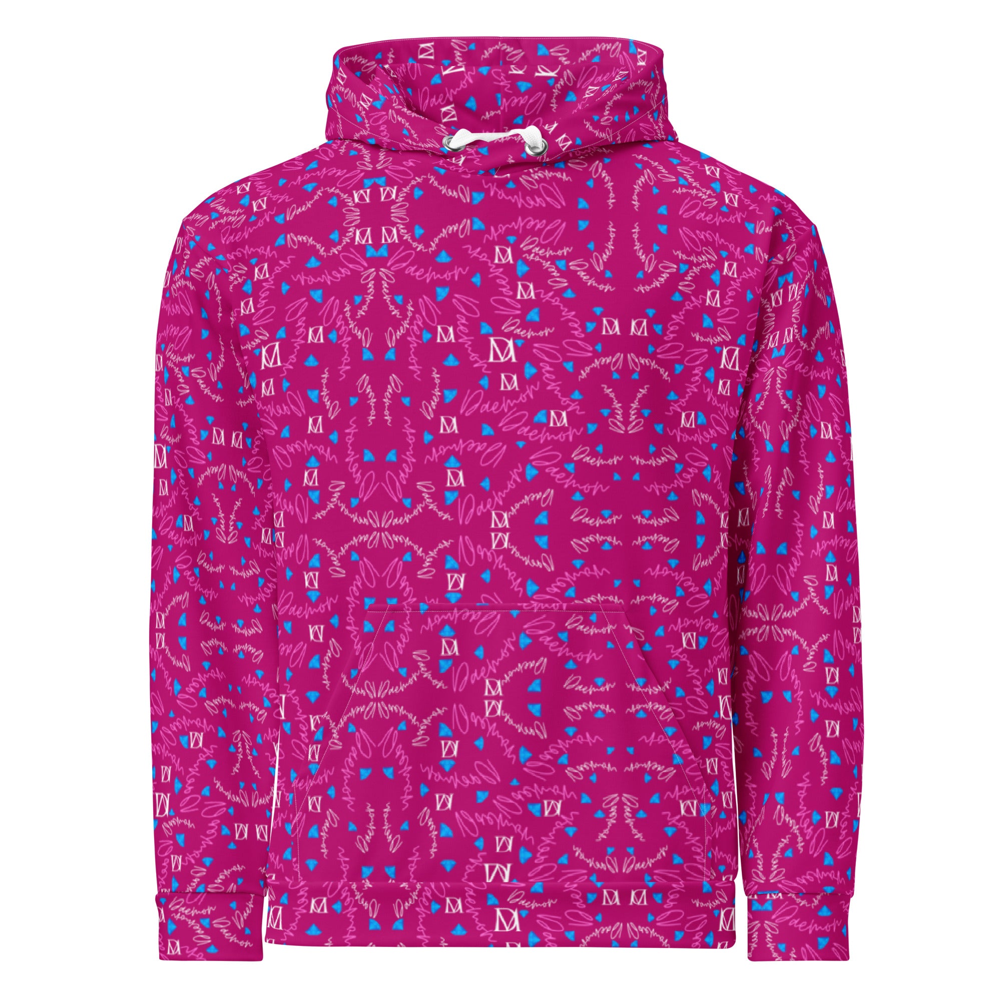 Unisex cotton hoodie with all-over Picasso Mirrors Little Magenta print by Daemon Luxury, featuring a white front design.