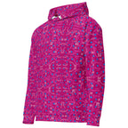 Unisex white cotton hoodie featuring all-over Picasso Mirrors Little Magenta print by Daemon Luxury, front view with hood.